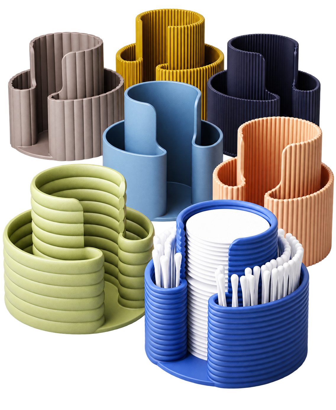 Ribbed desk organisers in several colours, with pens and scissors